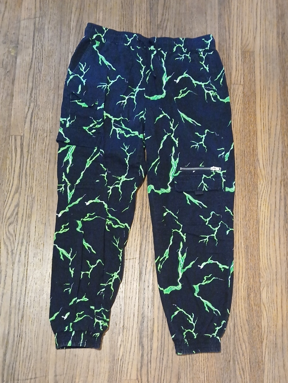 Hot Topic Black Cargo Joggers with Neon Green Lightning Stripes